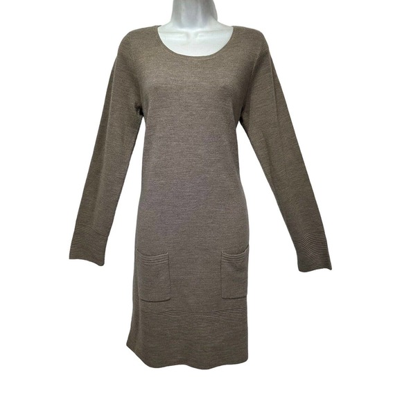 Adrienne Vittadini Tan Brown Merino Wool Long Sleeve Sweater Dress Size L - Picture 1 of 9